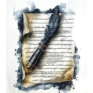 Può includere: Una penna d'oca nera con una penna e una punta in metallo decorata poggia su un pezzo di pergamena invecchiata con testo scritto a mano. La carta ha un aspetto marrone e ingiallito con schizzi di acquerello blu intorno ai bordi.
