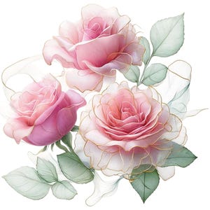 May include: A watercolor illustration of three pink roses with gold outlines and delicate, translucent petals. The roses are surrounded by light green leaves and wispy, white accents, creating a soft and elegant floral design.