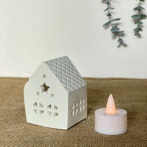 White Ceramic House Candle Holder with Led Light - Unpainted Miniature Christmas House - Ready to Paint Tea Light Holder - Hobby Lover Gifts