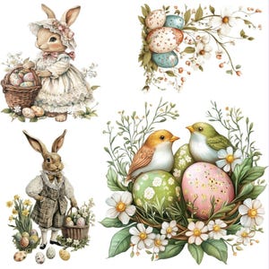 Puede incluir: Ilustraciones en acuarela con temática de Pascua. Incluye un conejito con gorro sosteniendo una canasta de huevos, un conejito con chaleco, huevos decorados y pájaros con huevos en un nido, todo con detalles florales.