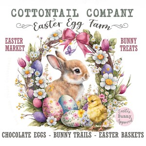 Può includere: Illustrazione ad acquerello per Pasqua con un coniglio marrone, un pulcino giallo e uova di Pasqua decorate. L'immagine è incorniciata da una ghirlanda floreale con un fiocco rosa e il testo "Cottontail Company Easter Egg Farm".
