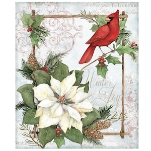 Op de afbeelding: Decoratieve print met een rode kardinaal op een hulsttak. Het kunstwerk bevat een witte poinsettia, dennenappels en de woorden "Winter Joy". De achtergrond heeft een zachte, vintage esthetiek.