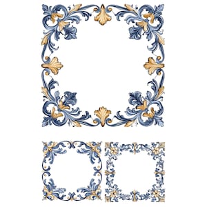 Könnte beinhalten: Dekorative Rahmen mit kunstvollen floralen und Blattmustern in Blau und Gold. Die Rahmen weisen aufwendige Details auf und sind in quadratischen und rechteckigen Formen angeordnet, ideal für digitale Kunst oder Designprojekte.