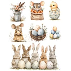 Puede incluir: Ilustraciones en acuarela con temática de Pascua. La imagen presenta un ratón con zanahorias, un pollito saliendo de un huevo, un ratón sosteniendo un huevo, un nido con huevos y conejos con huevos. La paleta de colores es pastel.
