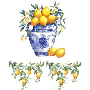 Decalcomania ad acqua in stile vintage con vaso blu e limoni / Trasferimento per superfici chiare e scure / Riprogettazione di mobili / Carta speciale per lavori artigianali