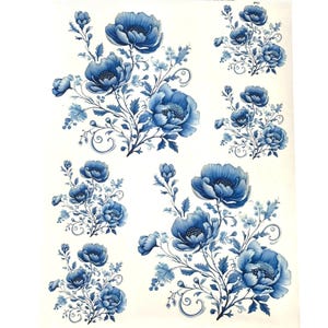 Blue Flowers Decal for Furniture, Floral Transfer Paper for Blue White Decor, Redesign Waterslide Decal, DIY Home Decor Sheet, Blue Roses
