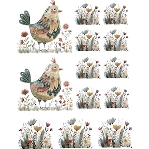 Puede incluir: Una ilustración digital de dos pájaros marrones y azules con picos amarillos de pie en un campo de flores verdes, azules y rojas. Los pájaros miran hacia la derecha y tienen un fondo blanco.