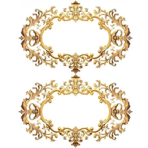 May include: Two ornate, gold-colored oval frames with intricate scrollwork and floral designs. The frames have a classic, vintage aesthetic, perfect for adding a touch of elegance to any project or design.