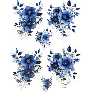 May include: Watercolor floral design featuring clusters of blue anemone flowers with dark blue leaves and delicate white accents. The design includes several arrangements of varying sizes, perfect for crafting projects.