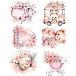 Decalcomania per cameretta neonata rosa / Decalcomania ad acqua per mobili per bambini / Carta da pacchi carina per regali per baby shower / Decorazioni fai da te per la cameretta