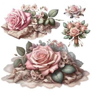 Könnte beinhalten: Aquarell-Illustration von rosa Rosen, kleinen weißen Blüten und grünen Blättern. Die Rosen sind auf Spitze angeordnet. Ein Strauß Rosen, gebunden mit einem Band, ist ebenfalls abgebildet.