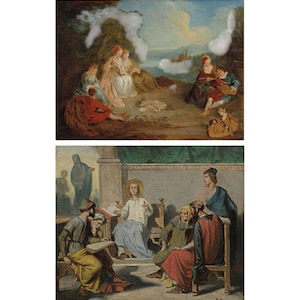 May include: Two classical paintings. The top painting shows figures in a landscape with a lake and clouds. The bottom painting depicts a central figure surrounded by others in an interior setting. Both paintings feature rich colours.