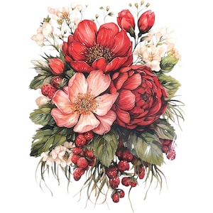 Decalcomania ad acqua con peonia / Bouquet di fiori bordeaux / Carta per bricolage floreale fai da te / Riprogettazione dell'arredamento / Carta decorativa per cassettiera