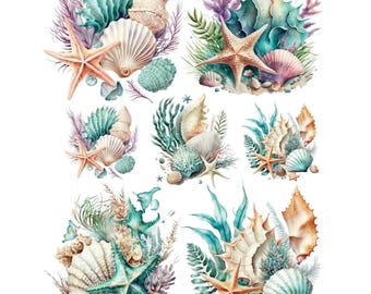 Transfert sur glissade d'eau côtière | Sticker humide étoiles de mer et coquillages | Décalcomanie Sea Life pour relooker des meubles | Papier artisanal pour décoration de salle de bain nautique