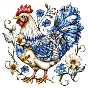 May include: A detailed illustration of a rooster with white, blue, and yellow floral accents. The rooster has a red comb and wattle, with blue and white feathers. The artwork is surrounded by floral elements.