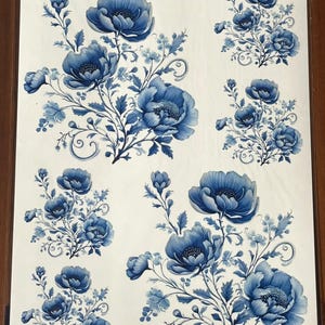 Blue Flowers Decal for Furniture, Floral Transfer Paper for Blue White Decor, Redesign Waterslide Decal, DIY Home Decor Sheet, Blue Roses