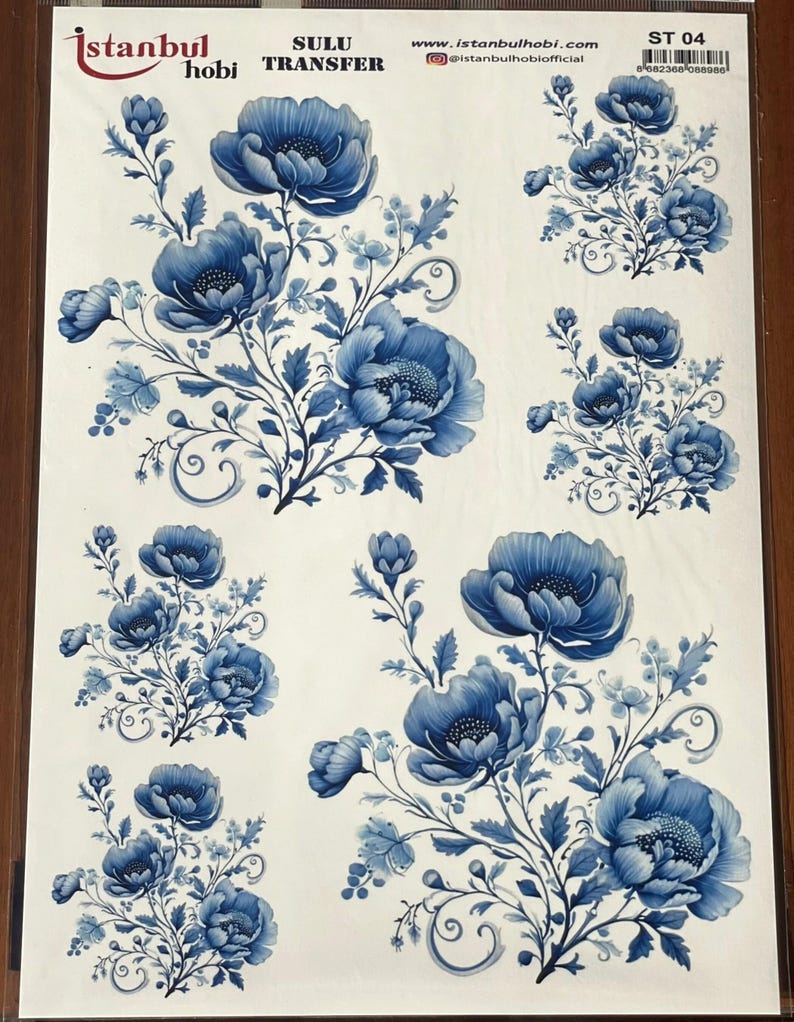 Blue Flowers Decal for Furniture, Floral Transfer Paper for Blue White Decor, Redesign Waterslide Decal, DIY Home Decor Sheet, Blue Roses