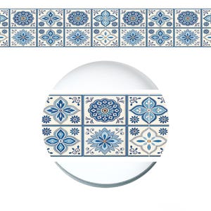 May include: A decorative border strip featuring a repeating pattern of square tiles in shades of blue, white, and cream. The design includes intricate floral and geometric motifs with symmetrical petals and central circular elements in each tile.