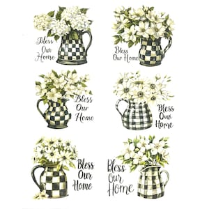 May include: A collection of watercolor illustrations featuring white flowers in black and white checkered pitchers. Each pitcher has a different arrangement of flowers and the text "Bless Our Home".