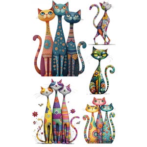 Könnte beinhalten: Eine Sammlung skurriler Katzenillustrationen. Die Katzen haben längliche Körper und sind mit farbenfrohen Mustern verziert, darunter florale und geometrische Designs. Die Farbpalette umfasst Blau-, Orange-, Gelb- und Grüntöne und erzeugt eine lebendige und künstlerische Darstellung.