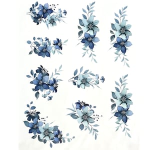 Blue Flowers Waterslide Decal | Mini Wildflower Furniture Transfer | DIY Craft Paper | Blue White Image Sticker for Home Decor