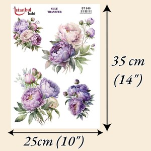 Papel de transferencia para muebles de peonía morada / Calcomanía al agua para decoración floral / Transferencia artesanal con imágenes de flores / Hoja de transferencia para rediseño decorativo imagen 5