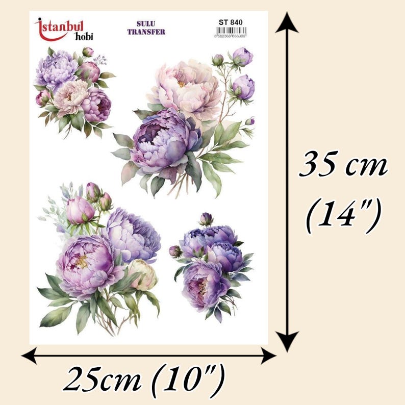 Papel de transferencia para muebles de peonía morada / Calcomanía al agua para decoración floral / Transferencia artesanal con imágenes de flores / Hoja de transferencia para rediseño decorativo imagen 5