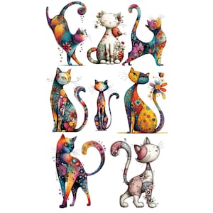 Può includere: Nove illustrazioni di gatti colorati con motivi floreali e geometrici. I gatti presentano una varietà di pose e colori, tra cui arancione, blu, viola e giallo. Ogni gatto ha dettagli unici, come fiori e motivi.