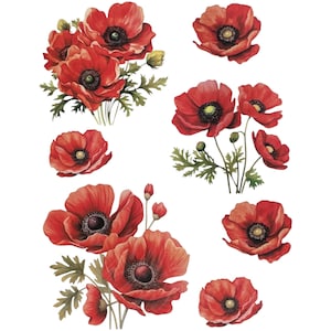Adesivo per acqua con fiore di papavero rosso / Trasferimento di fiori per mobili / Carta per trasferimento di decorazioni per la casa fai da te / Trasferimento di immagini di decorazioni vintage floreali