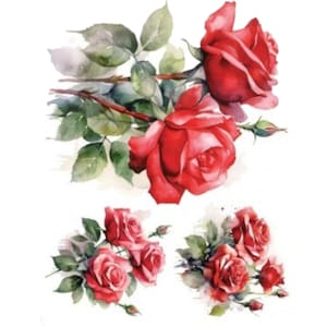 Carta da trasferimento floreale con rose rosse per mobili e artigianato / Elegante decalcomania ad acqua / Carta da bricolage per rinnovare il guardaroba