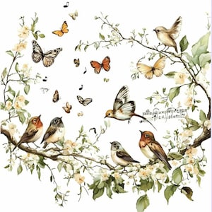 May include: Watercolor illustration of birds and butterflies on flowering branches. The image features several birds perched on branches with white flowers and green leaves. Butterflies in shades of orange and brown flutter around the birds. Musical notes are scattered throughout the scene.