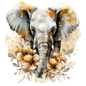 May include: A watercolour illustration of an elephant's head, with a detailed trunk and large ears. The elephant is painted in shades of grey, brown, and gold, with floral accents in warm tones. The artwork has a soft, artistic style, suitable for wall art or home decor.
