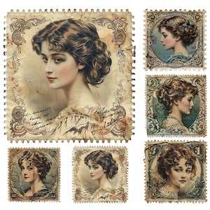 Op de afbeelding: Een verzameling postzegels in vintage-stijl met portretten van vrouwen. De postzegels hebben een sepia-tint met sierlijke randen en handgeschreven tekst. De vrouwen worden afgebeeld met elegante kapsels en delicate gelaatstrekken.
