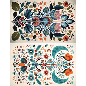 Transferencia de muebles con flores escandinavas / Calcomanía al agua de arte popular colorido / Papel floral nórdico / Plantilla para rediseño de muebles