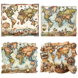 May include: A collection of four distinct world maps featuring muted earth tones, vintage-style cartography, and nautical illustrations including sailing ships, compasses, and maritime motifs. Each map displays continents in shades of brown, green, and tan.