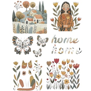 Może przedstawiać: Cyfrowa ilustracja przedstawiająca fantazyjną scenę domową z domem, drzewami, kwiatami, motylami, kotem i słowami "home sweet home". Ilustracja utrzymana jest w stonowanej kolorystyce brązów, zieleni i żółci.