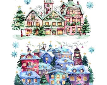 Winter Village Water Slide Transfer | Watercolor Christmas Scene Decal | Snowy Houses Holiday Decor