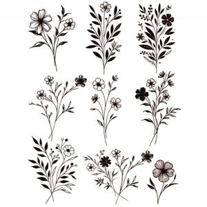 Peut inclure: Neuf dessins au trait noir et blanc de différentes compositions florales. Chaque arrangement présente une variété de fleurs et de feuilles.