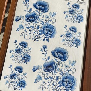 Blue Flowers Decal for Furniture, Floral Transfer Paper for Blue White Decor, Redesign Waterslide Decal, DIY Home Decor Sheet, Blue Roses
