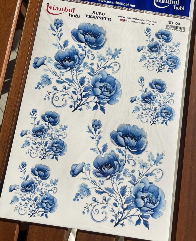 Blue Flowers Decal for Furniture, Floral Transfer Paper for Blue White Decor, Redesign Waterslide Decal, DIY Home Decor Sheet, Blue Roses
