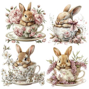 Könnte beinhalten: Vier Illustrationen von entzückenden braunen Hasen in floralen Teetassen. Jede Teetasse, verziert mit rosa Blumen, steht auf einer passenden Untertasse. Die Hasen sind von rosa und weißen Blumen umgeben, was eine charmante, skurrile Szene schafft.