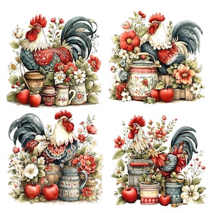Può includere: Illustrazioni ad acquerello di galli con creste rosse e piumaggio decorativo. Ogni gallo è circondato da mele rosse, fiori e contenitori in stile vintage. L'opera d'arte ha un'estetica rustica e country.