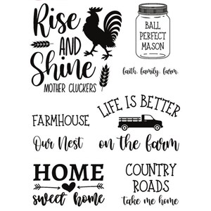 May include: A black and white graphic featuring farmhouse-style text and illustrations. The design includes a rooster, a mason jar, and phrases such as "Rise and Shine" and "Sweet Home." Metric measurements are not applicable.