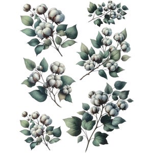 Decalcomania con rami di cotone / Trasferimento console con fiori bianchi / Materiale fai da te per artigianato floreale / Immagine floreale per riprogettare mobili
