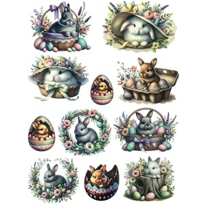 Può includere: Un set di dieci illustrazioni a tema pasquale con coniglietti in cesti, ghirlande e uova. I coniglietti sono raffigurati in varie pose, tra cui seduti, che tengono le uova e che spuntano dalle uova. Le illustrazioni sono realizzate in stile acquerello e presentano una varietà di colori, tra cui rosa, blu, verde e giallo.