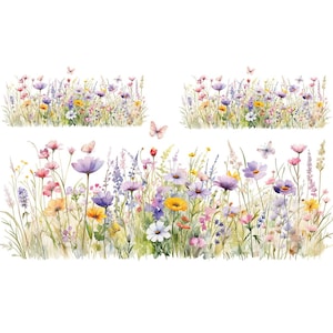 Może przedstawiać: Akwarelowa ilustracja łąki z dzikimi kwiatami. Obraz przedstawia różnorodne kolorowe kwiaty w odcieniach różu, fioletu, żółci i bieli, z trzepoczącymi motylami. Grafika jest osadzona na białym tle.