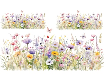May include: Watercolor illustration of a vibrant wildflower meadow. The image features a variety of colorful flowers in shades of pink, purple, yellow, and white, with butterflies fluttering above. The artwork is set against a white background.
