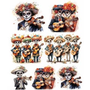 Può includere: Illustrazioni ad acquerello di scheletri del Giorno dei Morti che suonano strumenti musicali. Le immagini presentano scheletri con cappelli adornati di fiori, che suonano il violino, la chitarra e la tromba. La tavolozza dei colori include blu, arancione e verde.