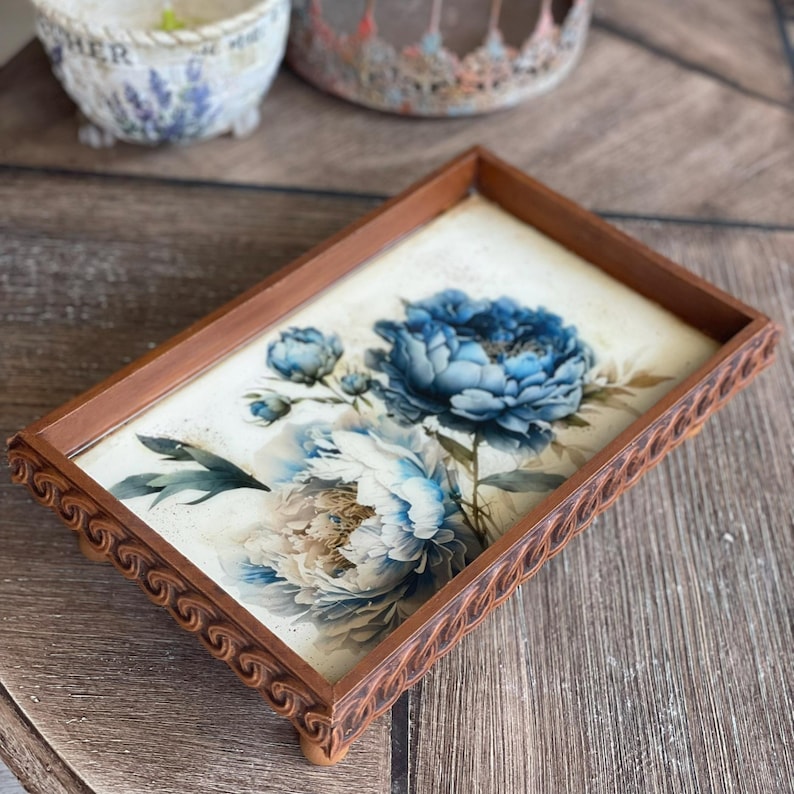 Blue Flowers Decal for Furniture, Floral Transfer Paper for Blue White Decor, Redesign Waterslide Decal, DIY Home Decor Sheet, Blue Roses