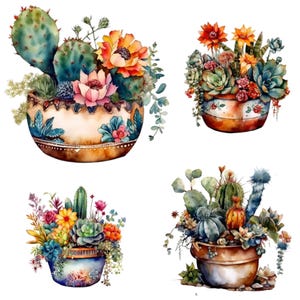 Könnte beinhalten: Aquarellillustrationen von Kakteen und Sukkulenten in Töpfen. Jeder Topf zeigt eine einzigartige Anordnung von bunten Blumen, Kakteen und Sukkulenten. Die Töpfe sind in warmen Tönen mit aufwendigen Details gemalt, was eine lebendige Darstellung ergibt.